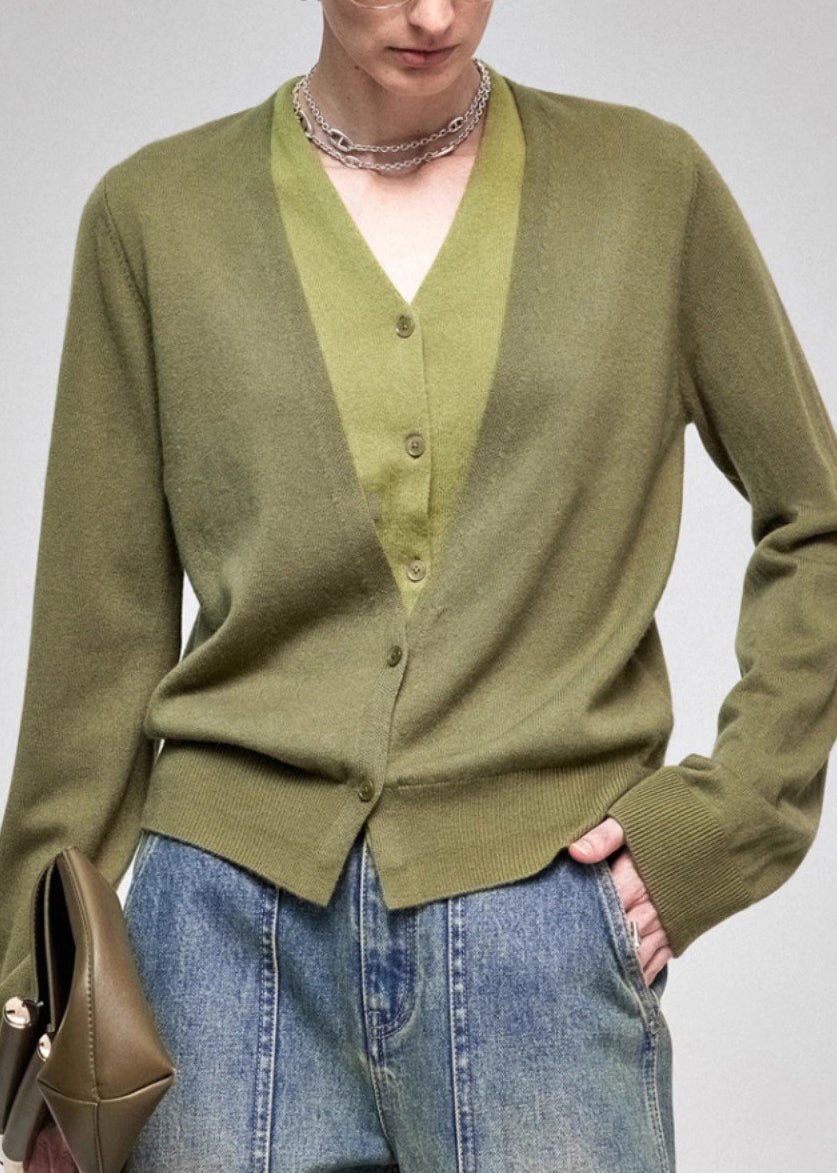 Green Patchwork Knit Fake Two Piece Shirts V Neck Fall