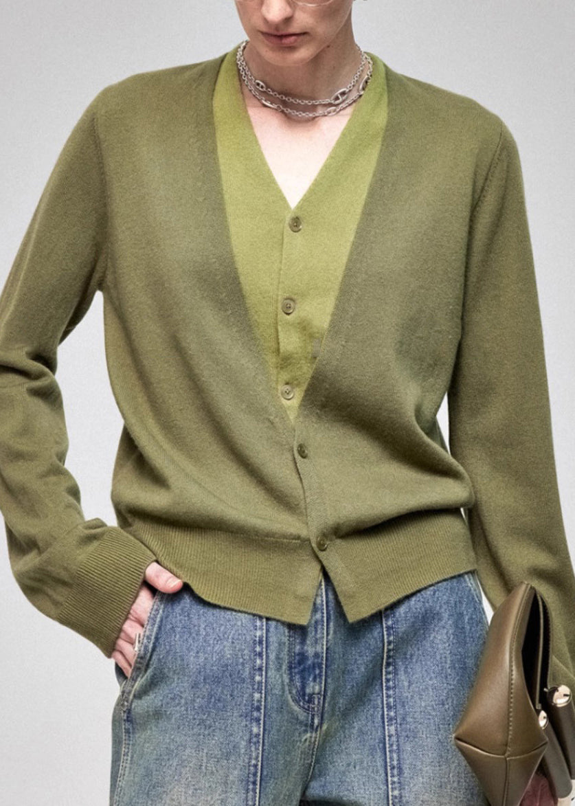 Green Patchwork Knit Fake Two Piece Shirts V Neck Fall