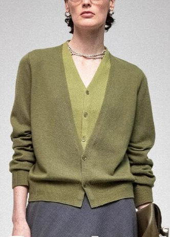 Green Patchwork Knit Fake Two Piece Shirts V Neck Fall