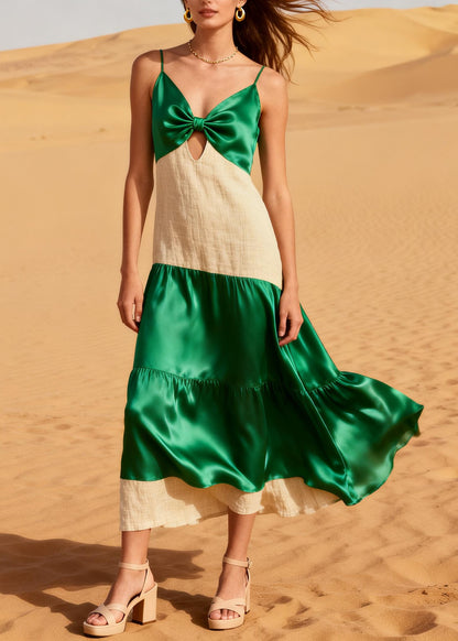 Green Patchwork Linen Silk Cami Dress Hollow Out Summer