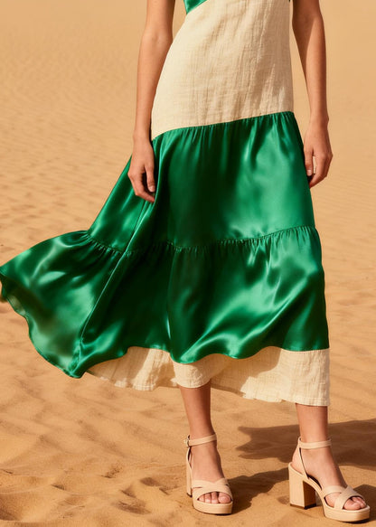 Green Patchwork Linen Silk Cami Dress Hollow Out Summer