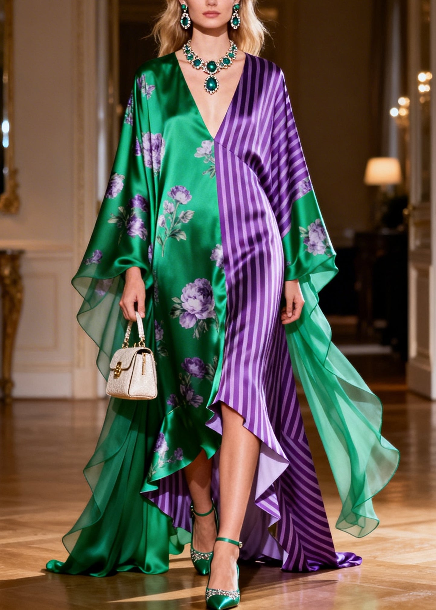 Green Patchwork Print Silk Dinner Dresses Asymmetrical Exra Large Hem Summer