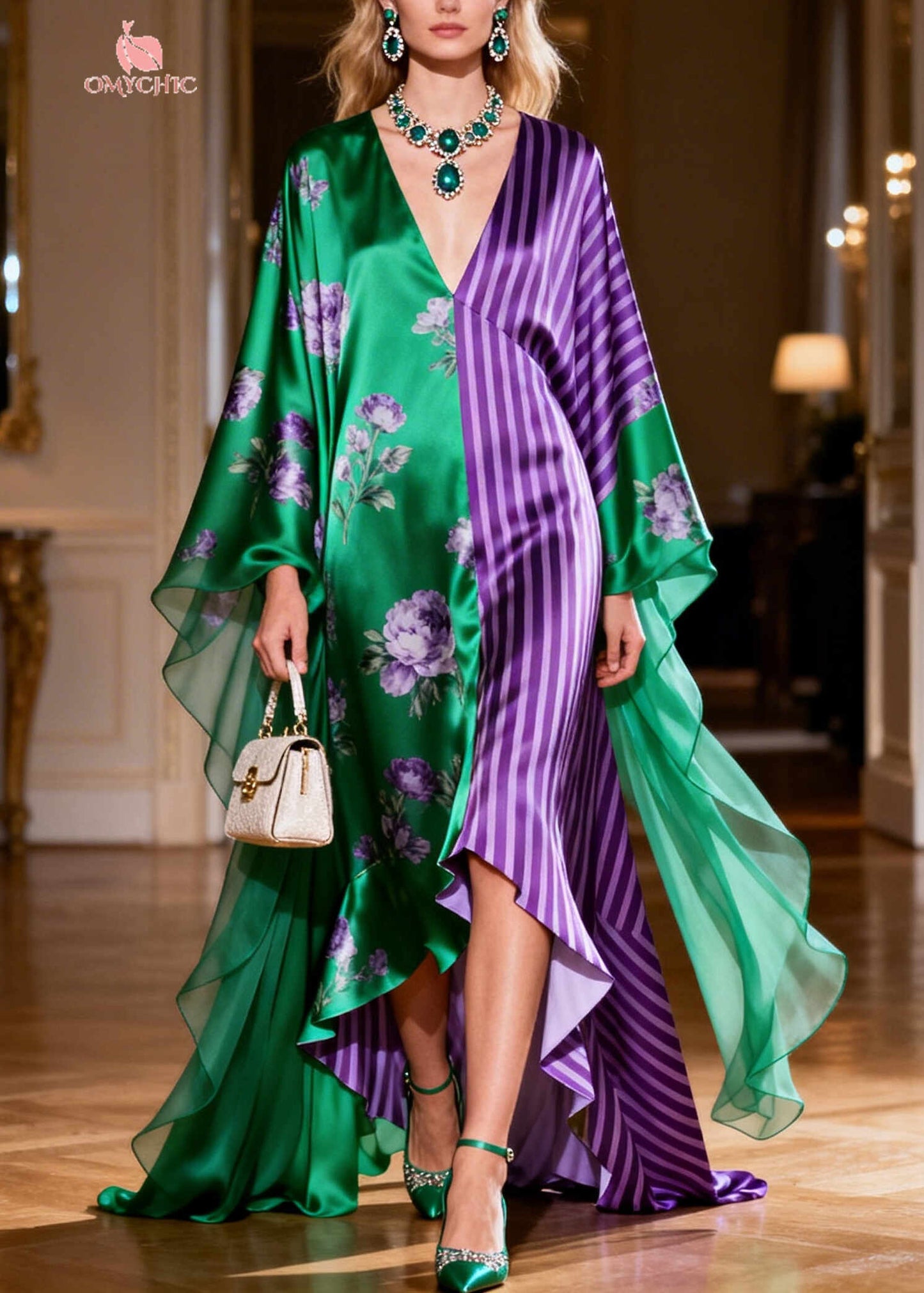Green Patchwork Print Silk Dinner Dresses Asymmetrical Exra Large Hem Summer