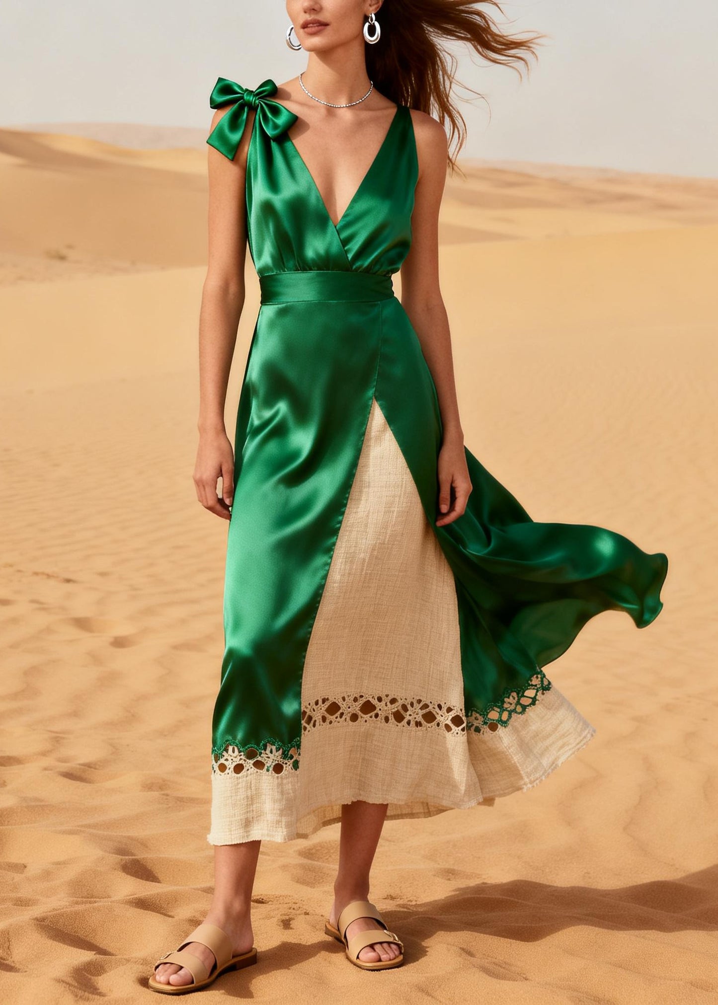 Green Patchwork Silk Fake Two Piece Dresses Hollow Out Summer