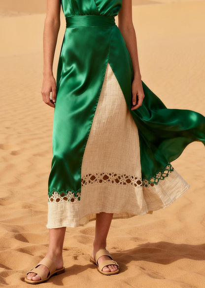 Green Patchwork Silk Fake Two Piece Dresses Hollow Out Summer
