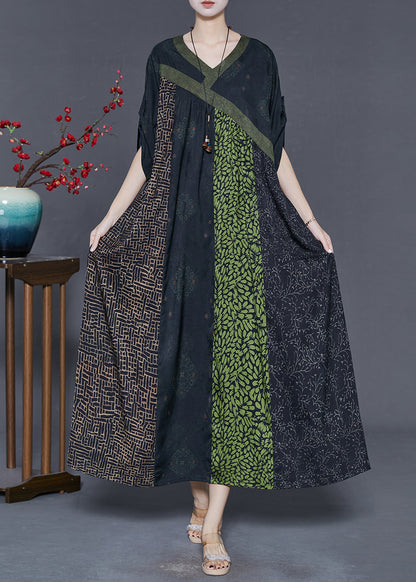 Green Patchwork Silk Holiday Dress Oversized Spring