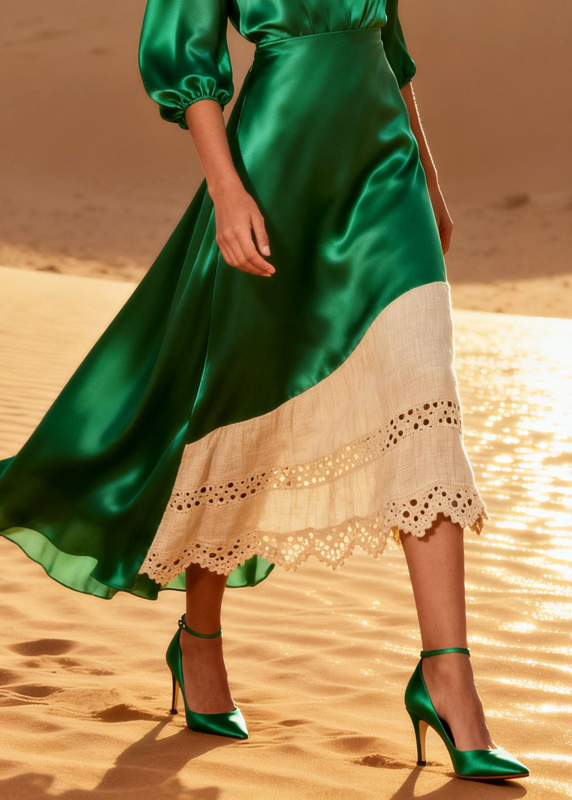 Green Patchwork Silk Long Dress V Neck Hollow Out Summer