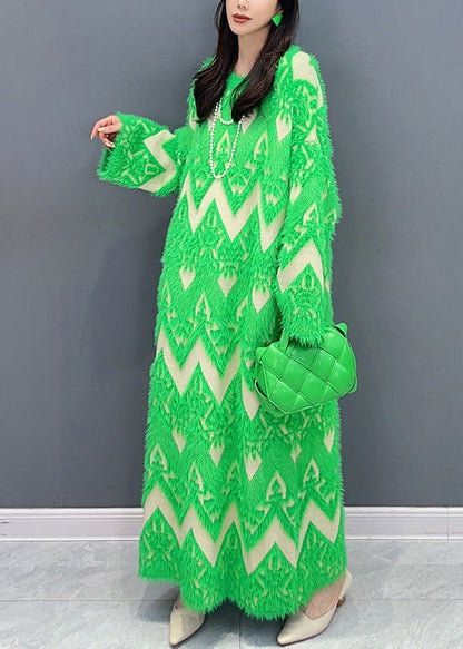 Green Patchwork Teddy Knit Sweater Dress O Neck Long Sleeve