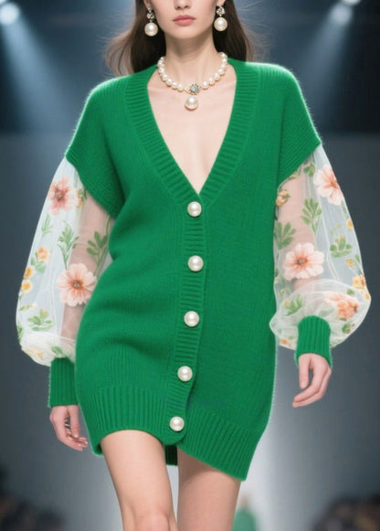 Green Patchwork Tulle Knit Coats Handmade Pearl Winter