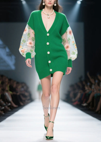 Green Patchwork Tulle Knit Coats Handmade Pearl Winter