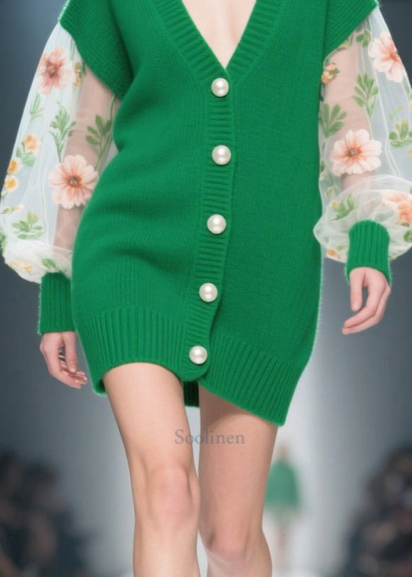 Green Patchwork Tulle Knit Coats Handmade Pearl Winter