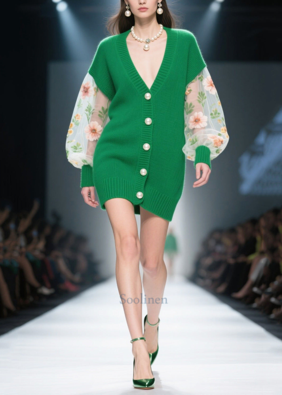 Green Patchwork Tulle Knit Coats Handmade Pearl Winter