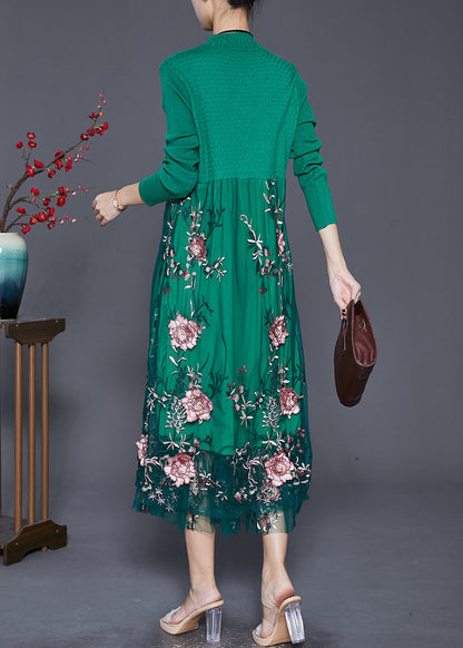 Green Patchwork Tulle Knit Dress Embroidered Fall
