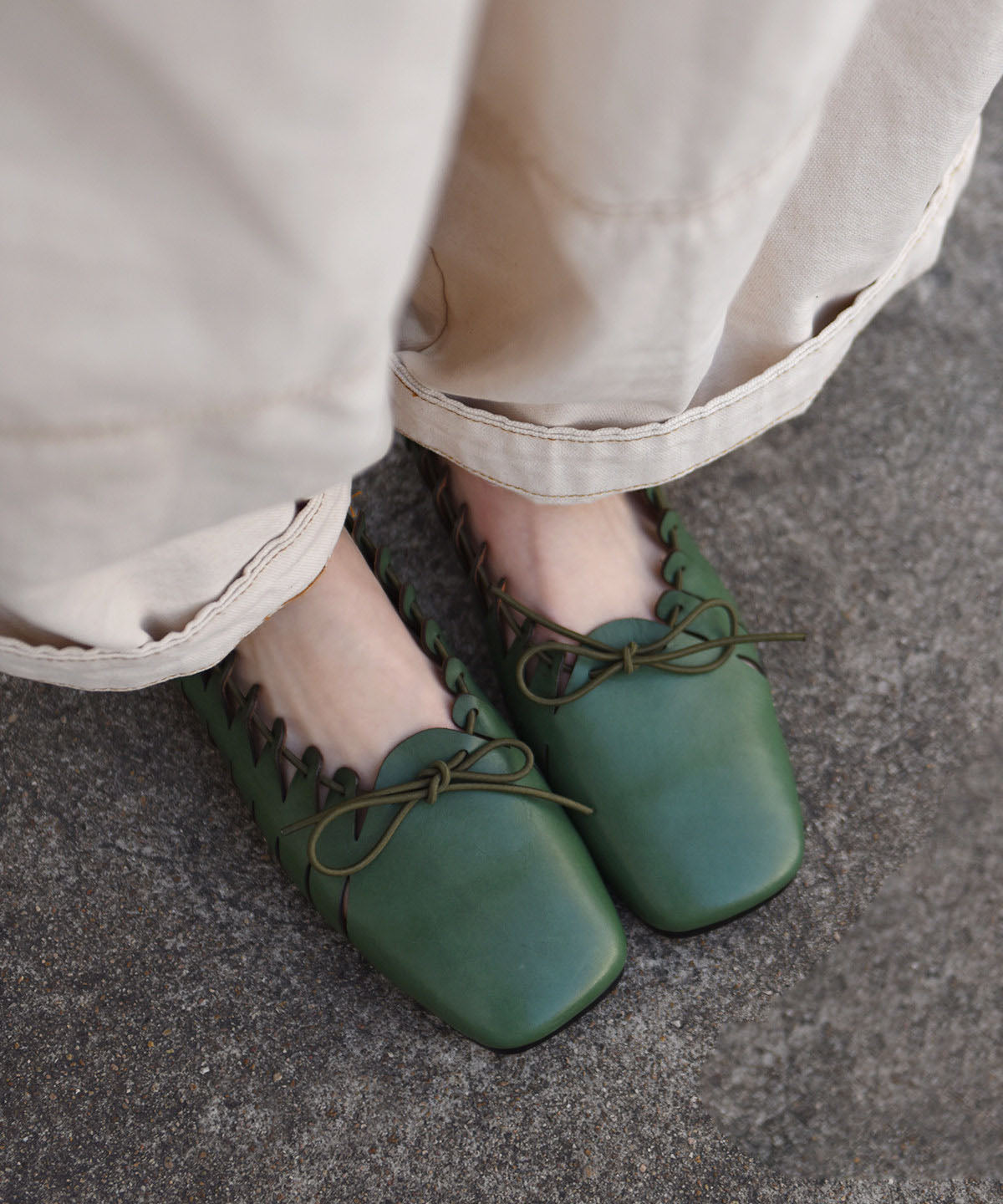 Green Penny Loafers Cowhide Leather Retro Splicing Bow Lace Up