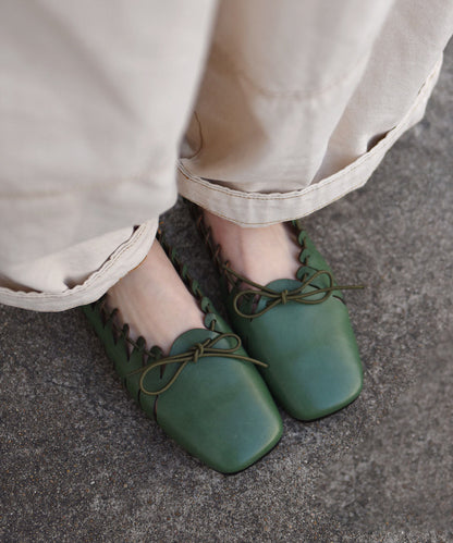 Green Penny Loafers Cowhide Leather Retro Splicing Bow Lace Up