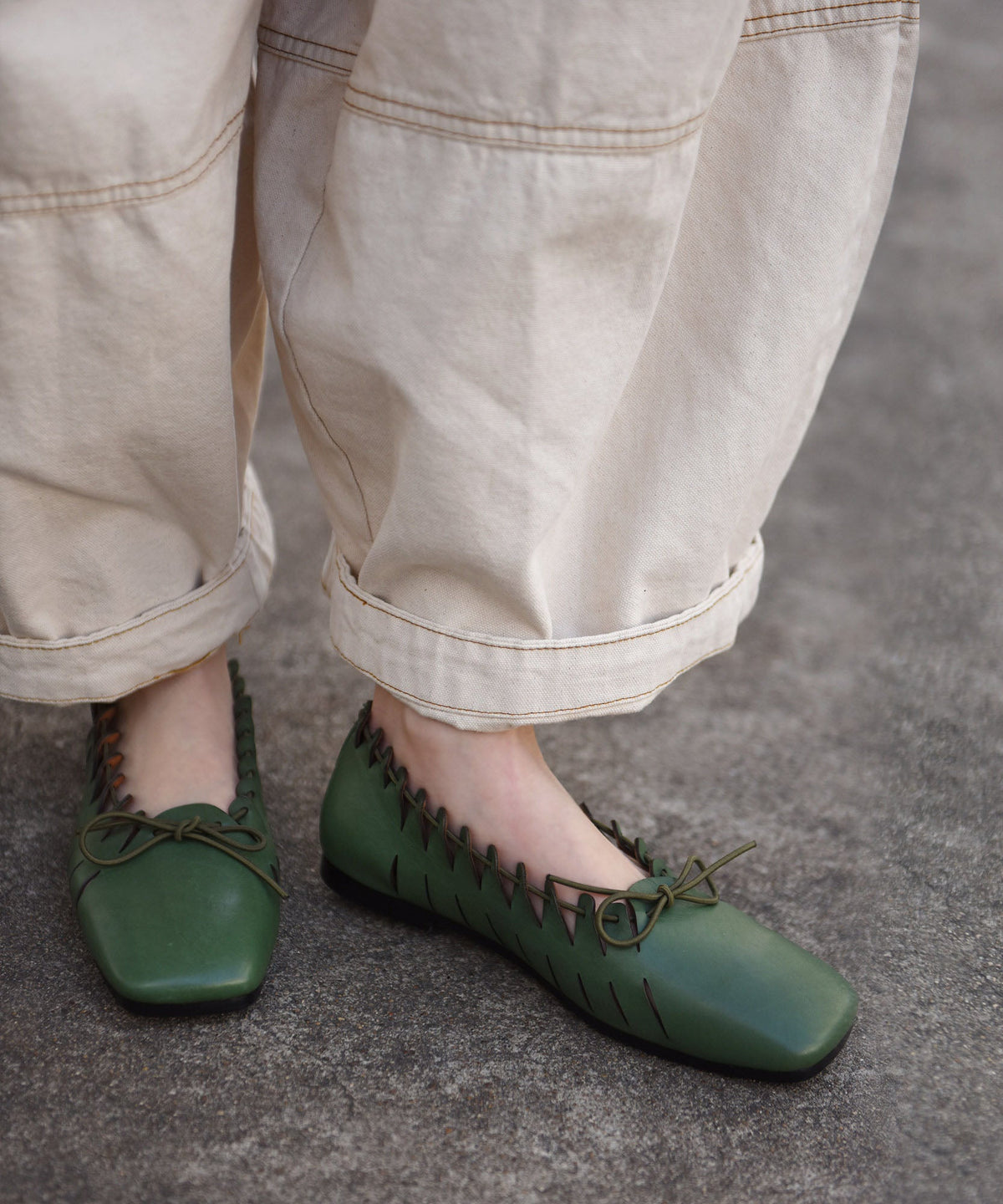 Green Penny Loafers Cowhide Leather Retro Splicing Bow Lace Up