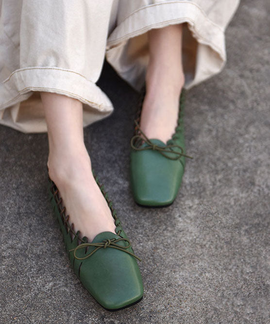 Green Penny Loafers Cowhide Leather Retro Splicing Bow Lace Up