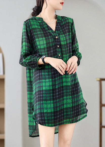 Green Plaid Linen Day Dress V Neck Bracelet Sleeve