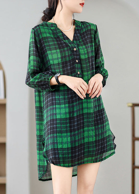 Green Plaid Linen Day Dress V Neck Bracelet Sleeve
