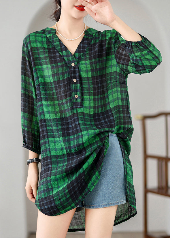 Green Plaid Linen Day Dress V Neck Bracelet Sleeve