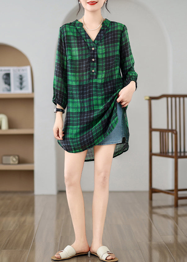 Green Plaid Linen Day Dress V Neck Bracelet Sleeve