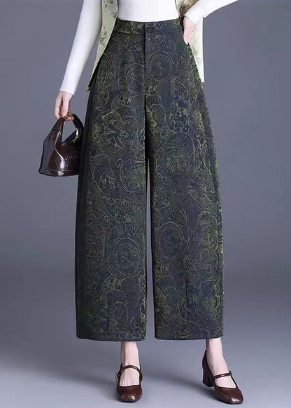 Green Pockets Jacquard High Waist Wide Leg Crop Pants Fall