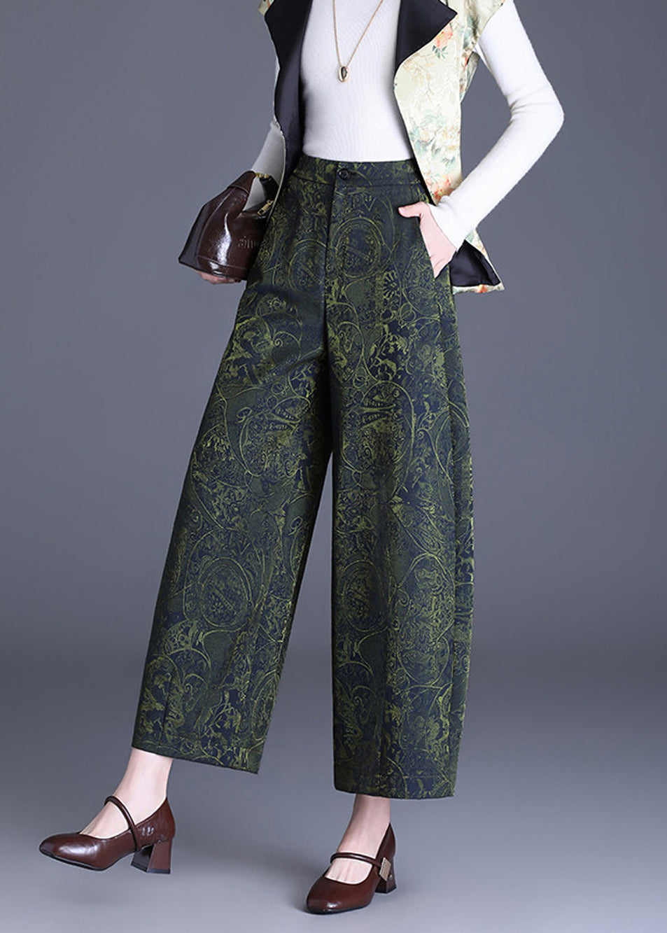 Green Pockets Jacquard High Waist Wide Leg Crop Pants Fall