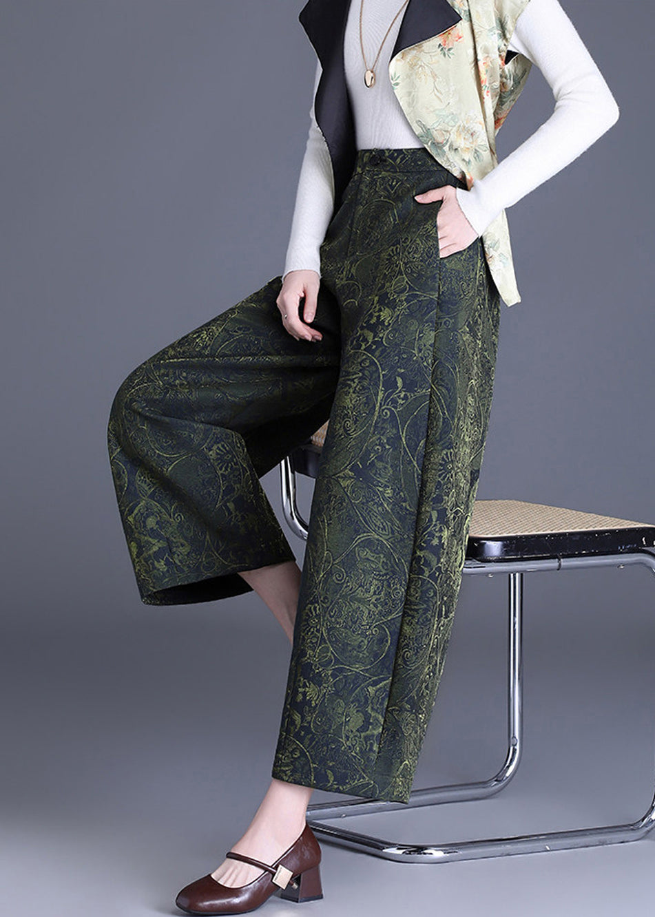 Green Pockets Jacquard High Waist Wide Leg Crop Pants Fall