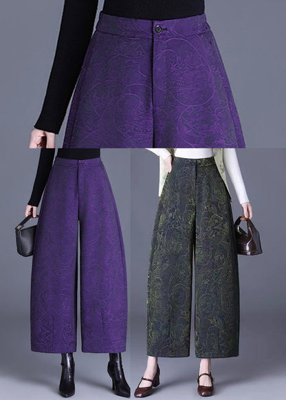 Green Pockets Jacquard High Waist Wide Leg Crop Pants Fall