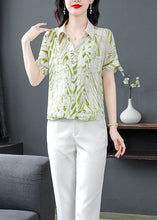 Load image into Gallery viewer, Green Print Chiffon Shirts Peter Pan Collar Short Sleeve