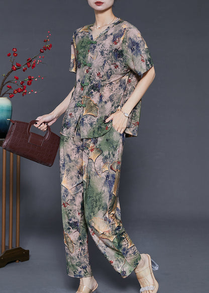 Green Print Chiffon Two Pieces Set Chinese Button Summer