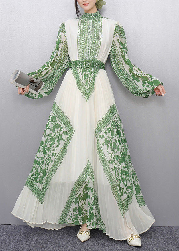 Green Print Chiffon Vestidos Dress Cinched Wrinkled Summer