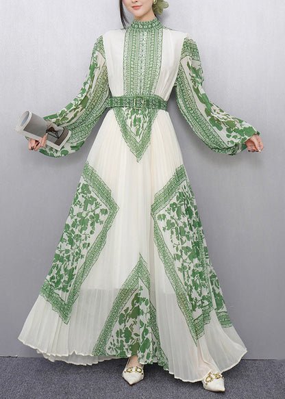 Green Print Chiffon Vestidos Dress Cinched Wrinkled Summer