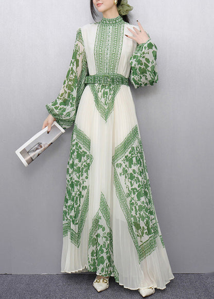 Green Print Chiffon Vestidos Dress Cinched Wrinkled Summer