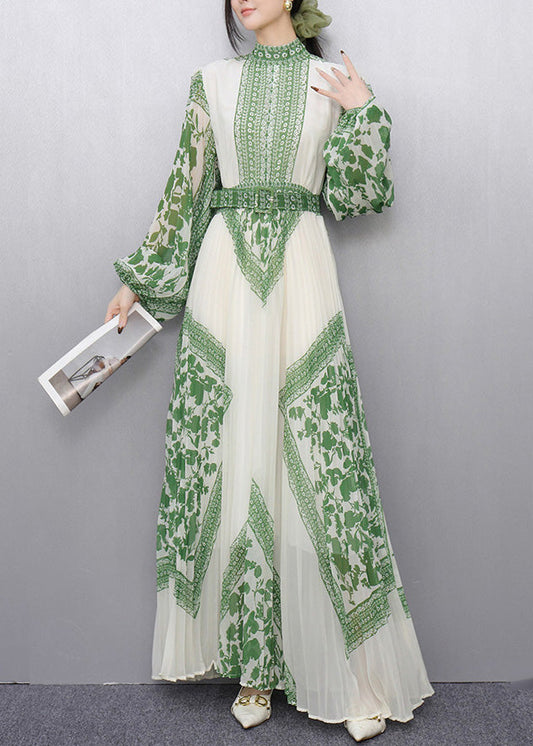 Green Print Chiffon Vestidos Dress Cinched Wrinkled Summer