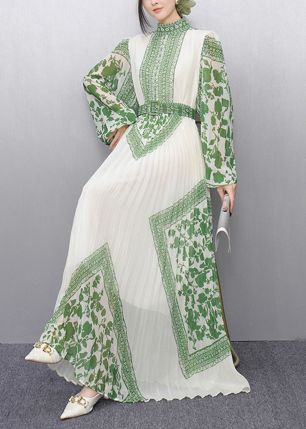 Green Print Chiffon Vestidos Dress Cinched Wrinkled Summer