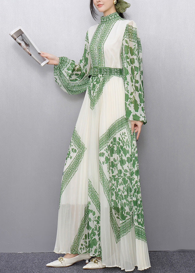 Green Print Chiffon Vestidos Dress Cinched Wrinkled Summer