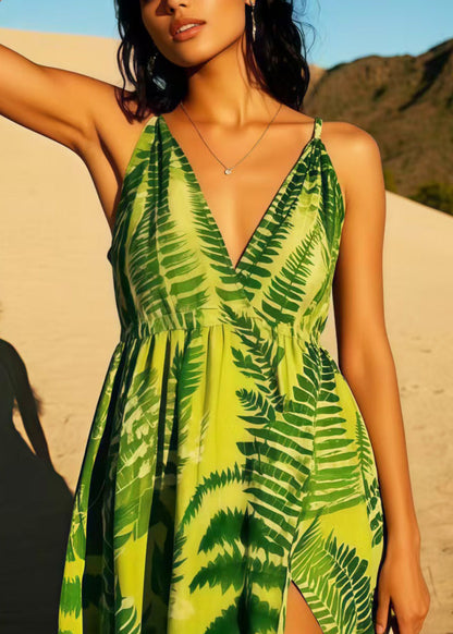 Green Print Cotton Cami Dresses Side Open Summer