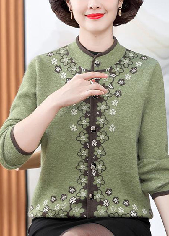 Green Print Cotton Knit Coats Long Sleeve