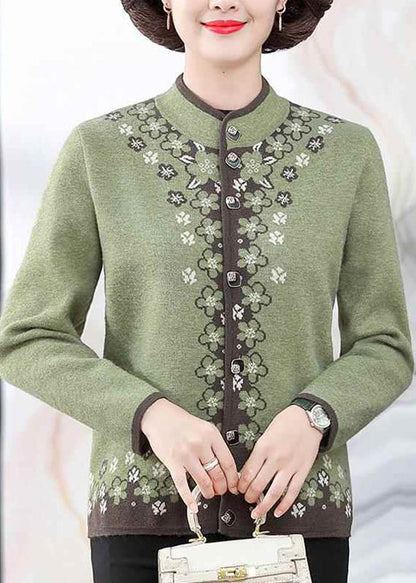 Green Print Cotton Knit Coats Long Sleeve