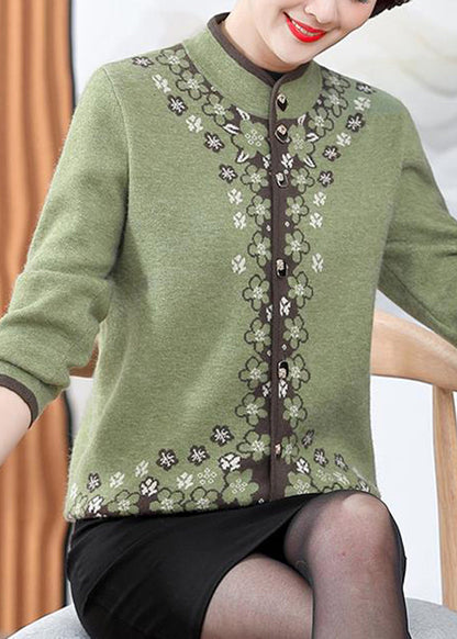 Green Print Cotton Knit Coats Long Sleeve