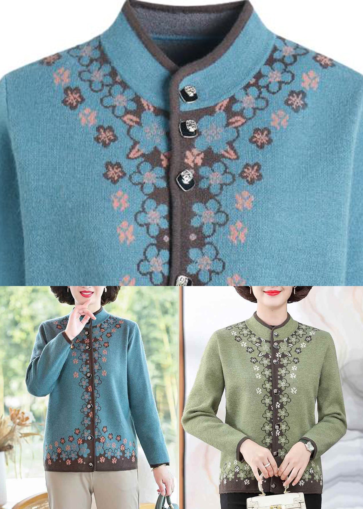 Green Print Cotton Knit Coats Long Sleeve