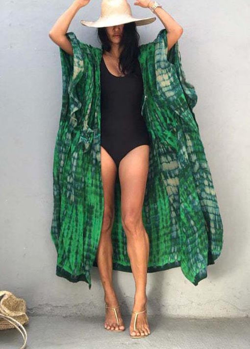 Green Print Cotton UPF 50+ Cardigans Oversized Side Open Summer