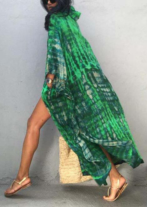 Green Print Cotton UPF 50+ Cardigans Oversized Side Open Summer