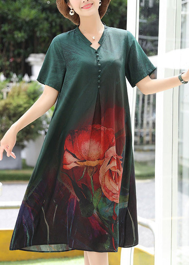 Green Print Cozy Silk Long Dress Summer