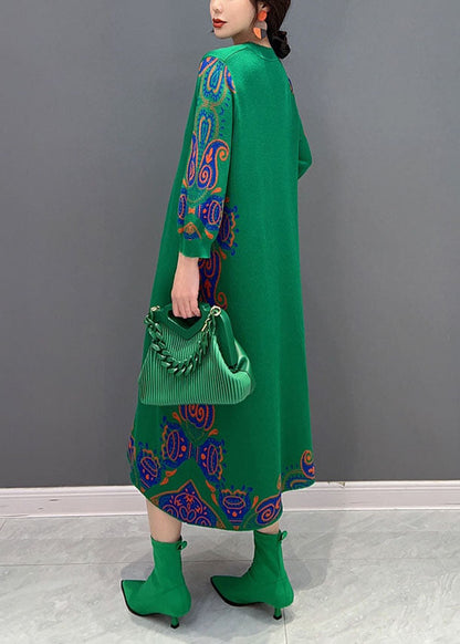 Green Print Knit Long Dresses O-Neck Slim Fit Spring