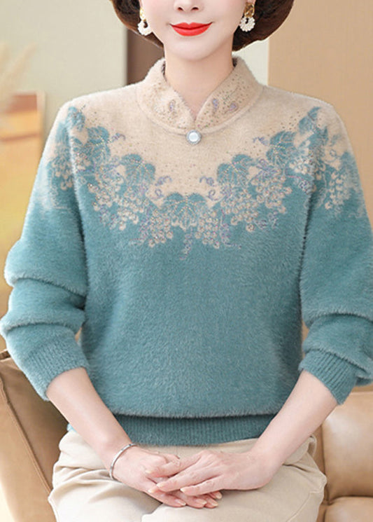 Green Print Nail Bead Mink Hair Knitted Sweaters Long Sleeve