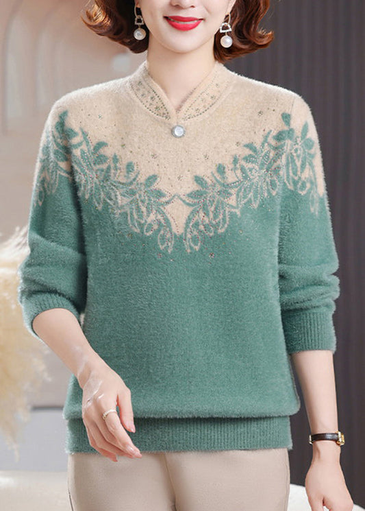 Green Print Nail Bead Mink Hair Knitted Sweaters Long Sleeve