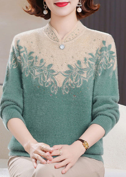Green Print Nail Bead Mink Hair Knitted Sweaters Long Sleeve