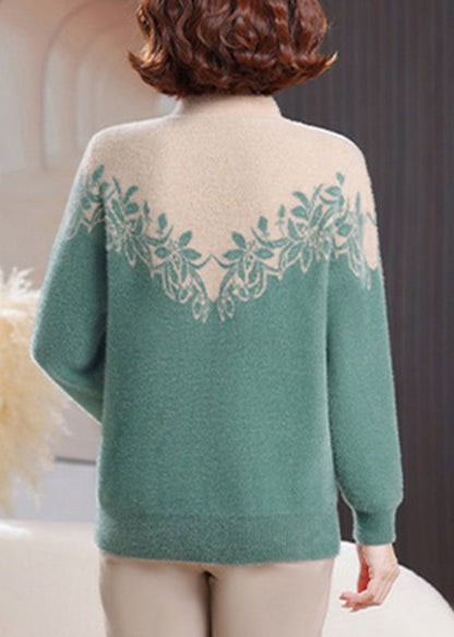 Green Print Nail Bead Mink Hair Knitted Sweaters Long Sleeve